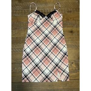 Plaid Mini Dress With Lace Trim No Boundaries Small 3-5 90s Retro Babydoll